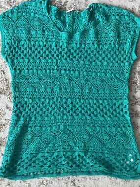 Teal Crochet Open Knit Top Beach Cover Up Boho Lightweight Summer | Size Medium